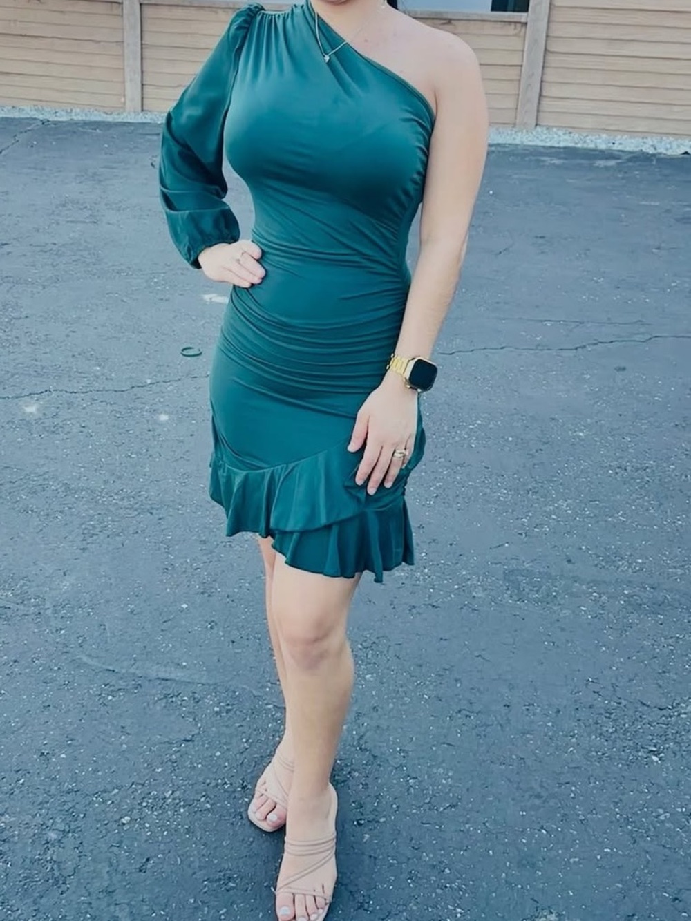 One-Shoulder Ruffle Hem Dress in Teal